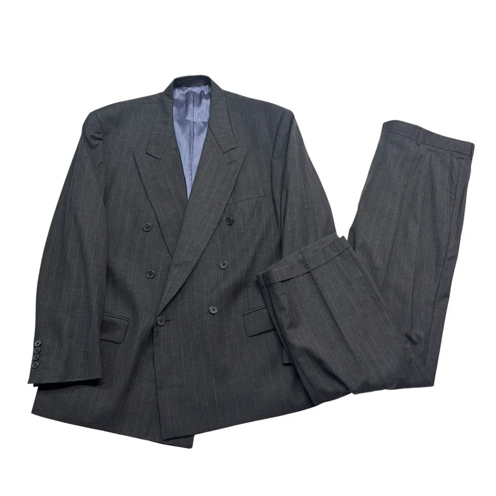 vtg 90s Charcoal Stripe 46R 40x30 Double Breasted 2pc Pant Suit Wool USA Pleated